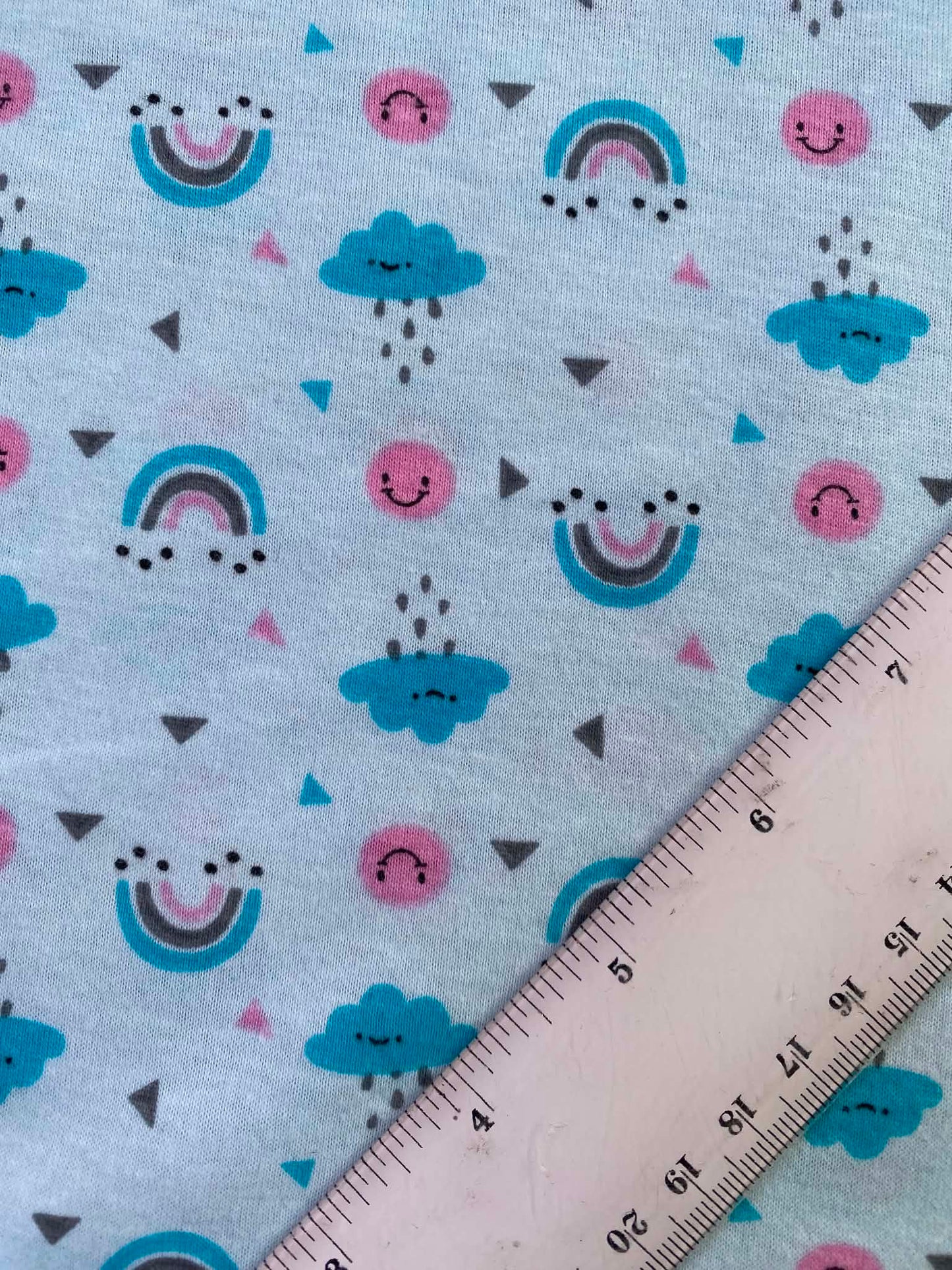 CLEARANCE - Pastel Rainbow & Rainclouds Cotton Jersey Fabric – Light Blue – 58" (147cm) Wide
