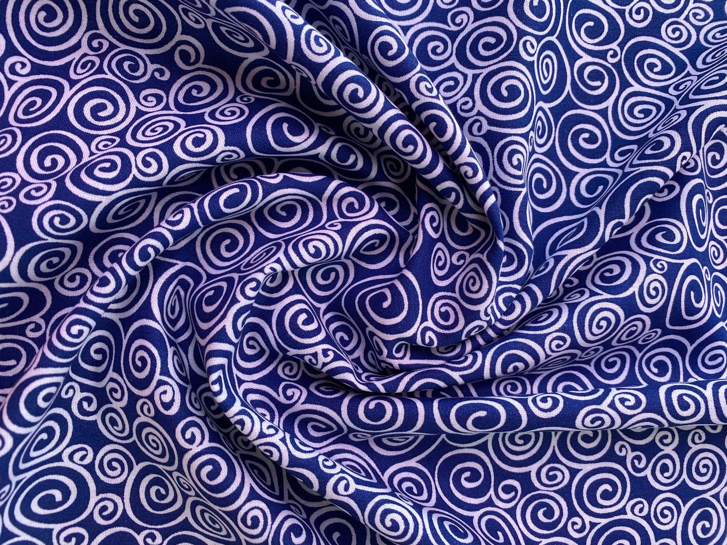 Navy and White Swirl Print 100% Cotton Fabric - 44/45" Wide - By The Metre