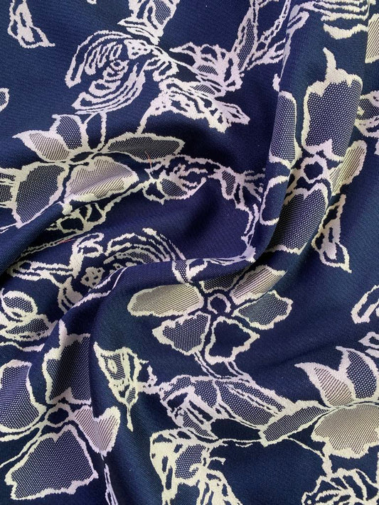 Brocade - Navy/Silver/Cream - 63" Wide - Sold By The Metre