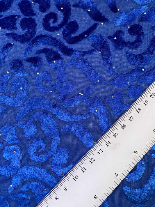 Burnout Velvet w/ Diamantes - Blue - 53" Wide - Sold By The Metre