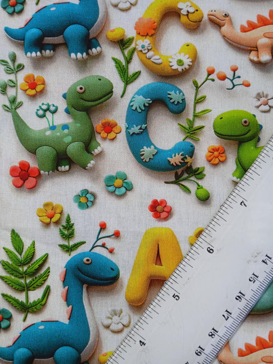 Little Johnny 100% Cotton - Dino/ABC - White/Green/Blue/Yellow - 60" Wide - Sold By The Metre