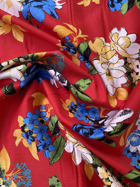 Cotton Sateen - Floral - Red/Blue/Yellow/White - 54"Wide - Sold By The Metre