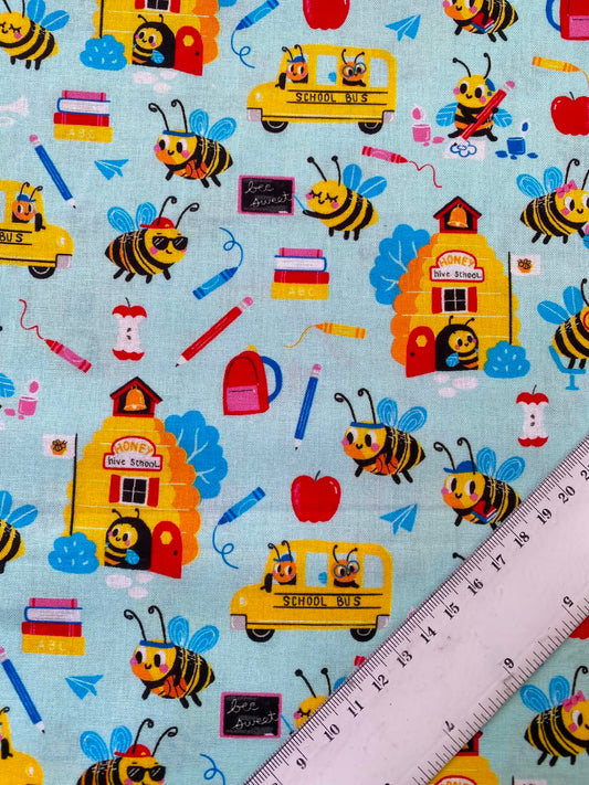 Mint Busy Bees School Bus 100% Cotton Fabric - Back to School Novelty Kids - 44" Wide By The Metre
