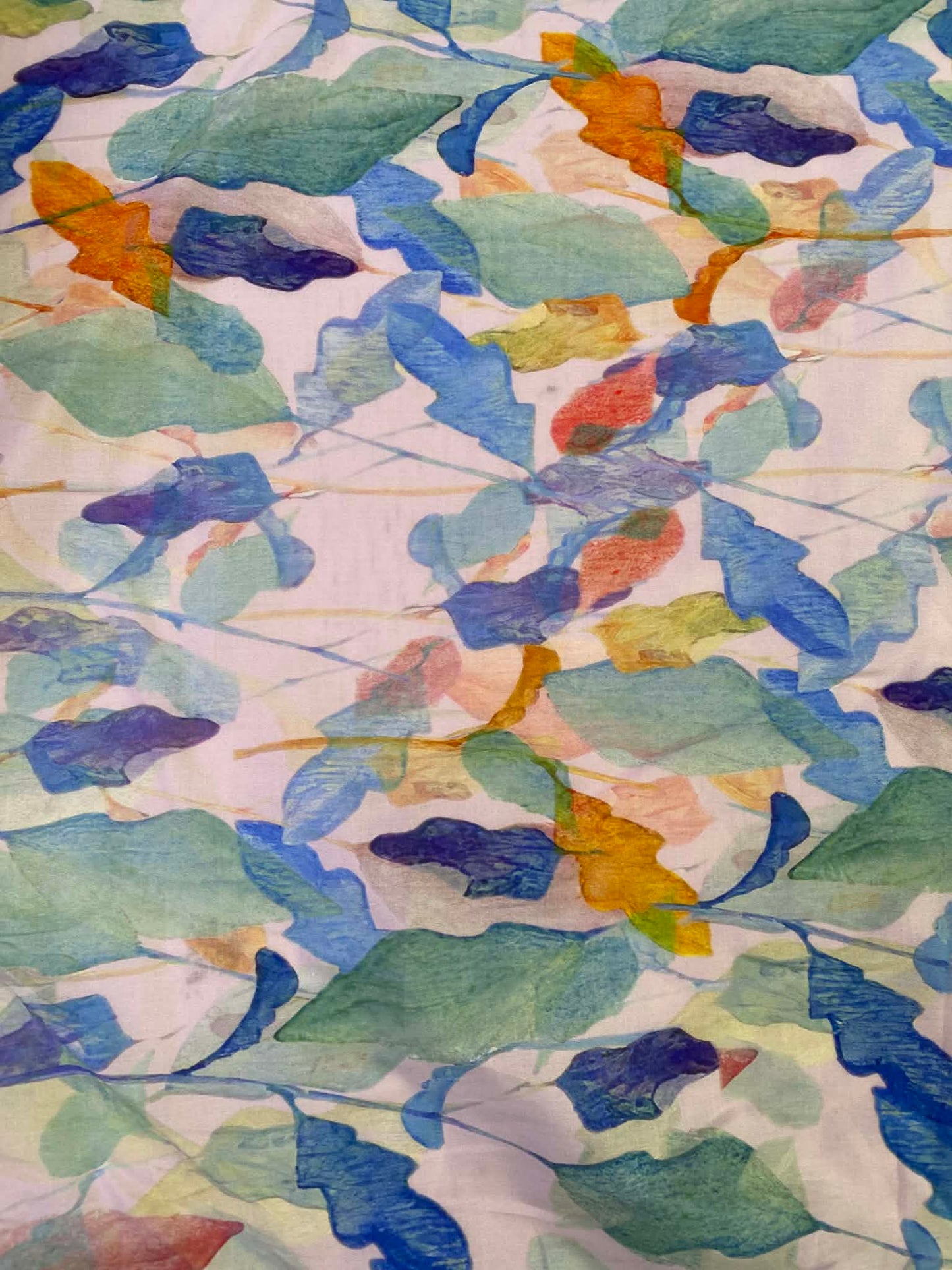 Premium London Lawn 100% Cotton - 58" Wide - Sunset Watercolor Leaves - Red, Orange & Blue