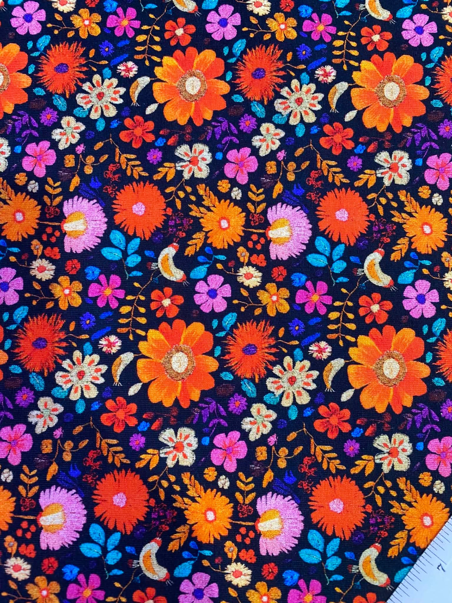 Little Johnny Cotton Jersey 95/5 - Floral - Orange/Black/Blue/Pink - 58"Wide - Sold By The Metre