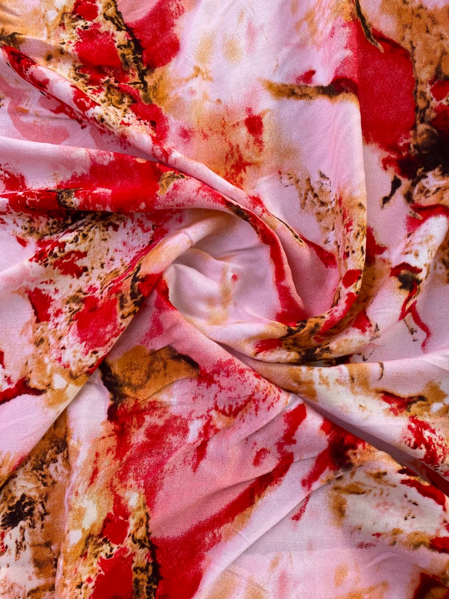 Crimson Red & Gold Marble Abstract Print Viscose Fabric - Geode Dressmaking Fabric - Extra Wide 57" By The Metre