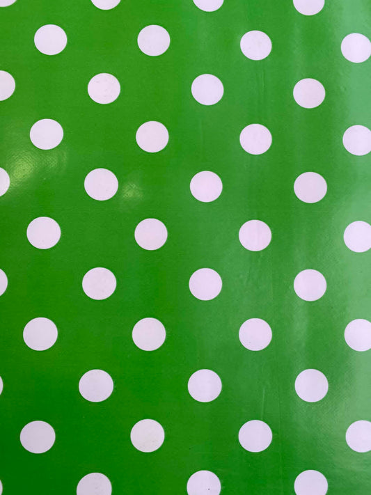 Green & White Polka Dot PU Table Covering - 55" Wide - Wipe Clean - Water Resistant - £1.99/m