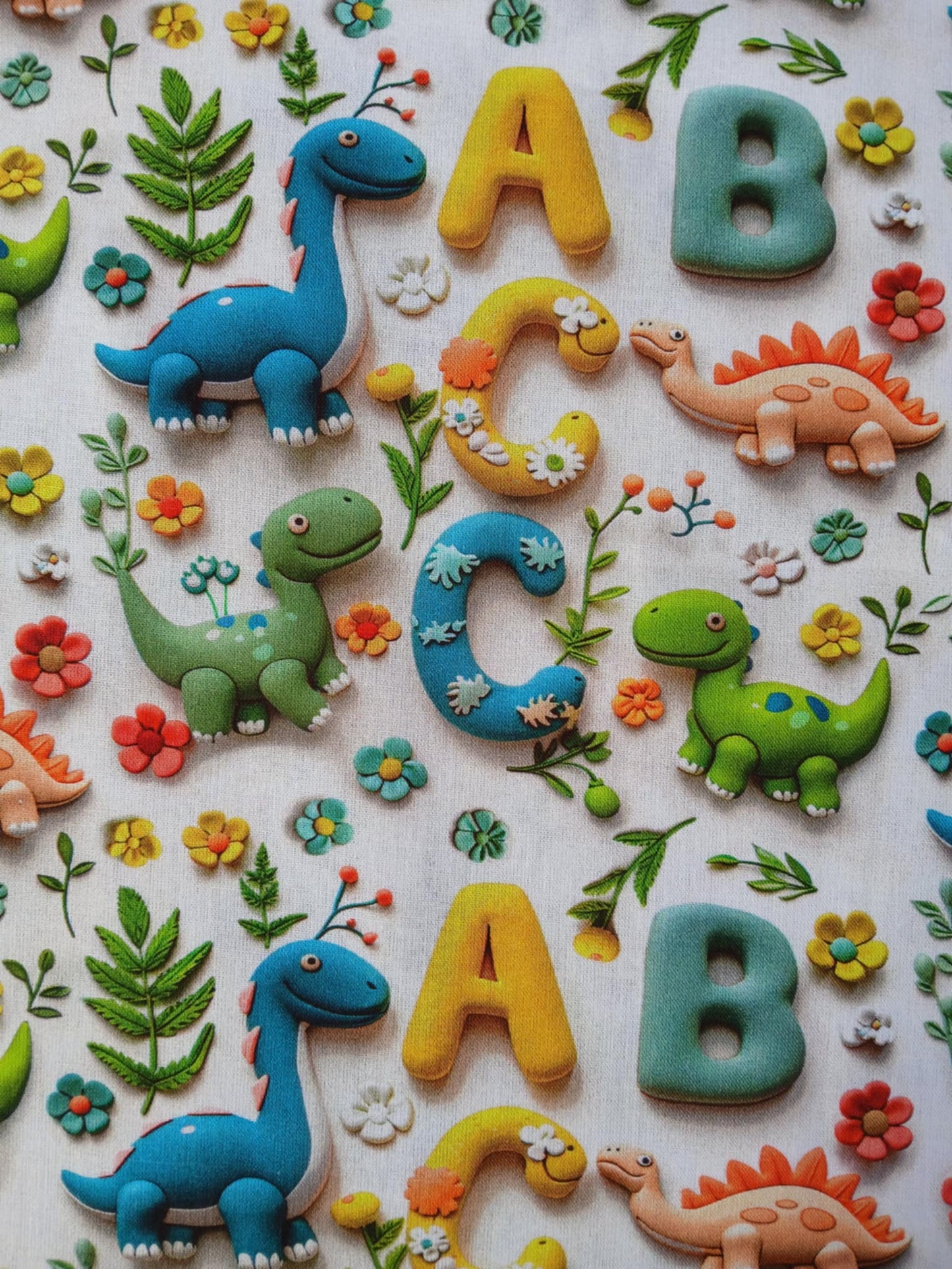Little Johnny 100% Cotton - Dino/ABC - White/Green/Blue/Yellow - 60" Wide - Sold By The Metre