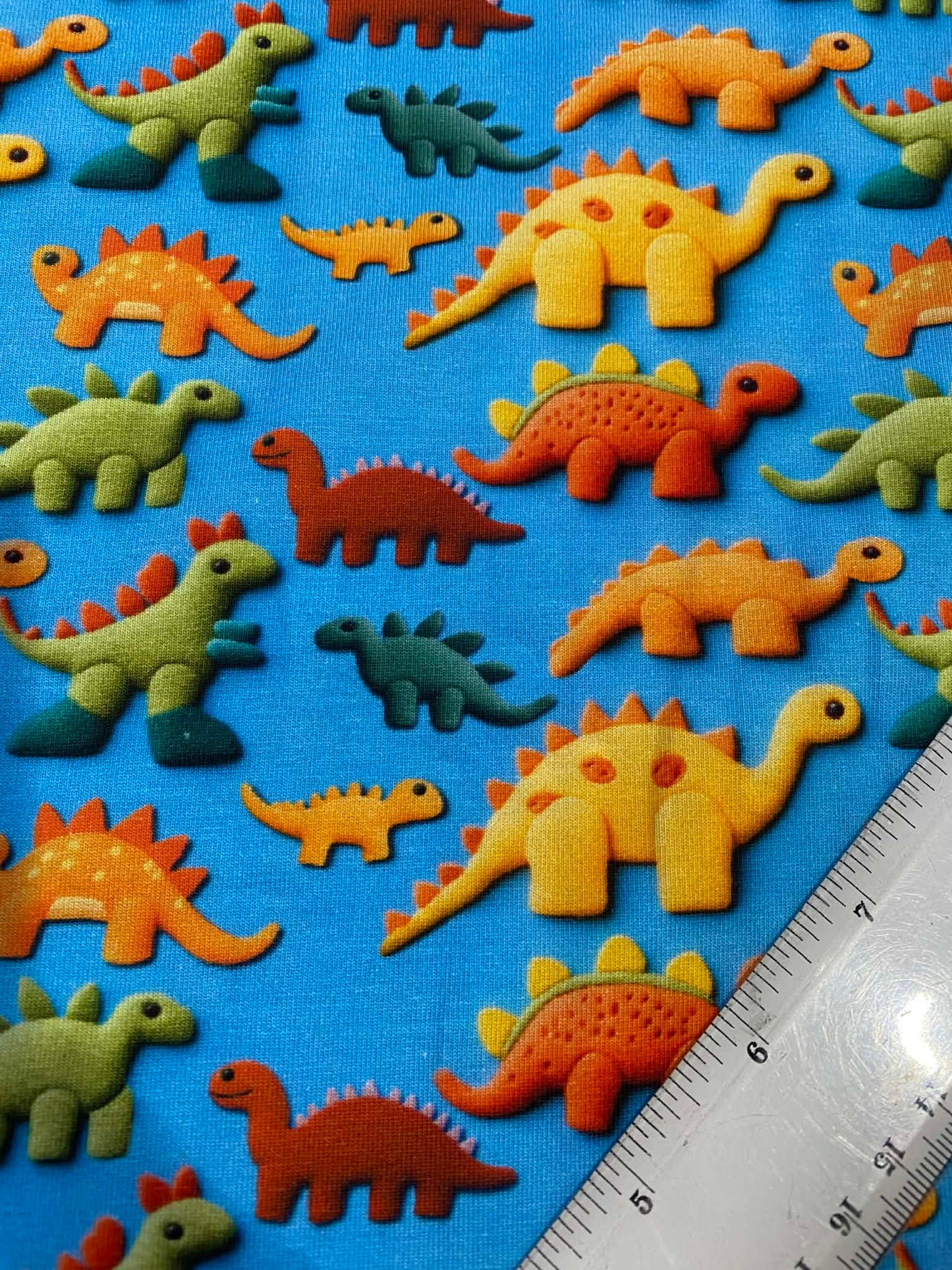 Little Johnny Dinosaur Party Cotton Jersey - 58" Wide - 95% Cotton 5% Lycra - Blue, Green & Orange
