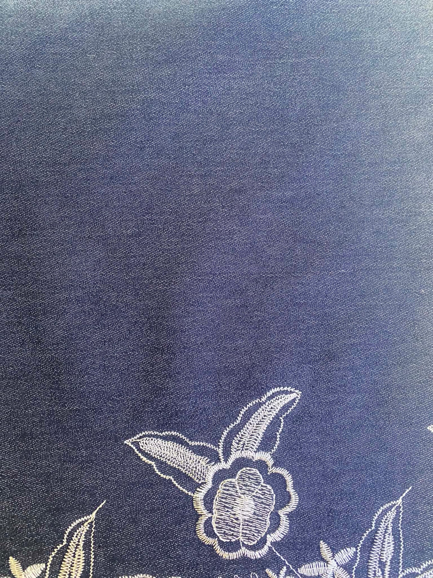 Navy & White Embroidered Double Bordered Stretch Denim - 59" Wide - £3.99/m