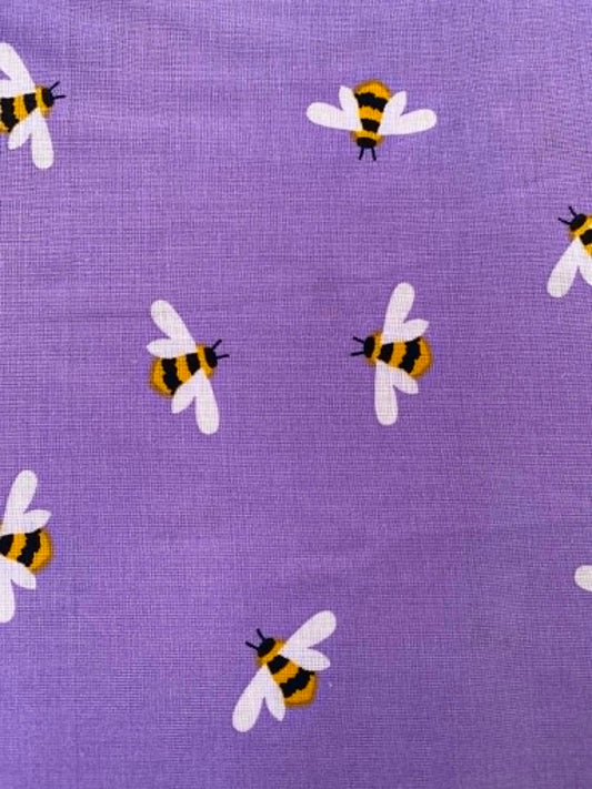 Vibrant Lilac Illustrated Bumblebee 100% Cotton Fabric - 44" Wide By The Metre