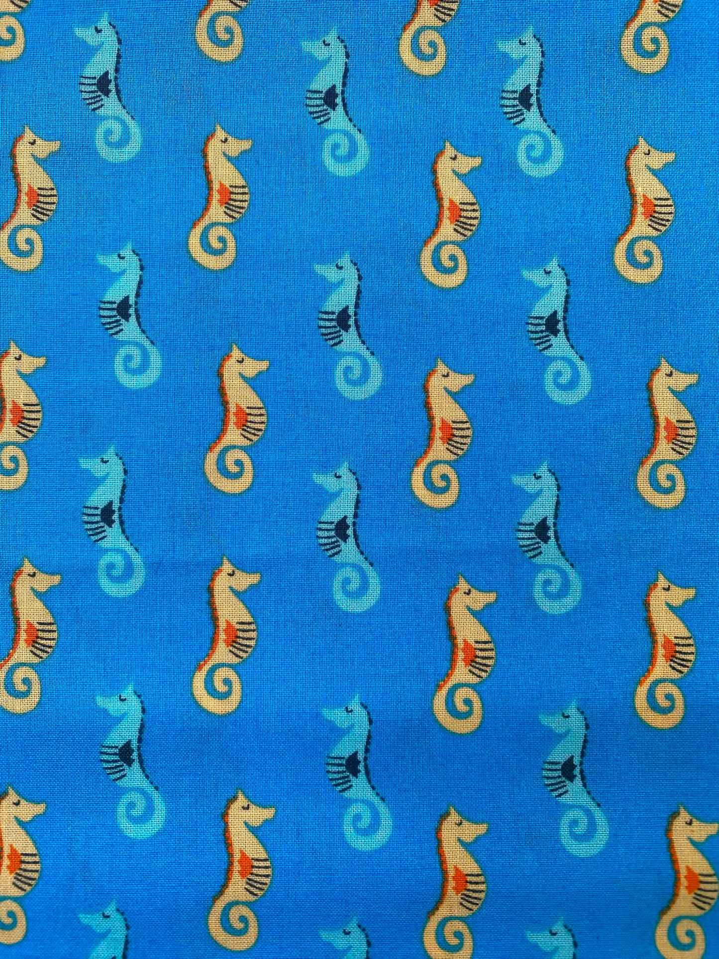 Cerulean Blue Seahorse 100% Cotton Fabric - Ocean Reef Sea Life - 44" Wide By The Metre