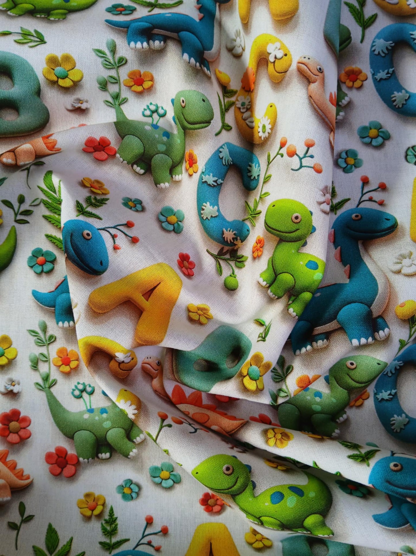Little Johnny 100% Cotton - Dino/ABC - White/Green/Blue/Yellow - 60" Wide - Sold By The Metre