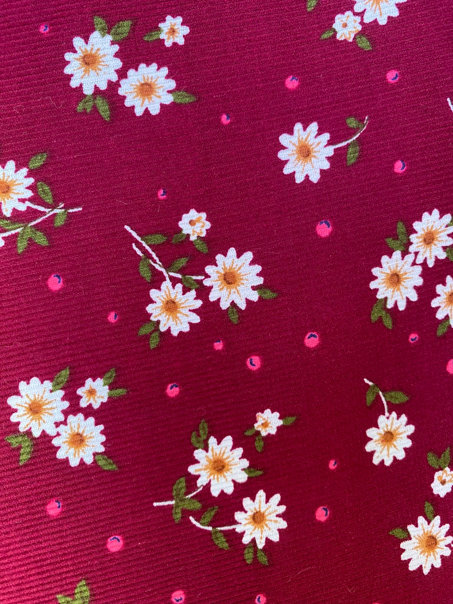 Printed Needlecord 100% Cotton - Wine/Green/White/Yellow - 44"Wide - Sold By The Metre