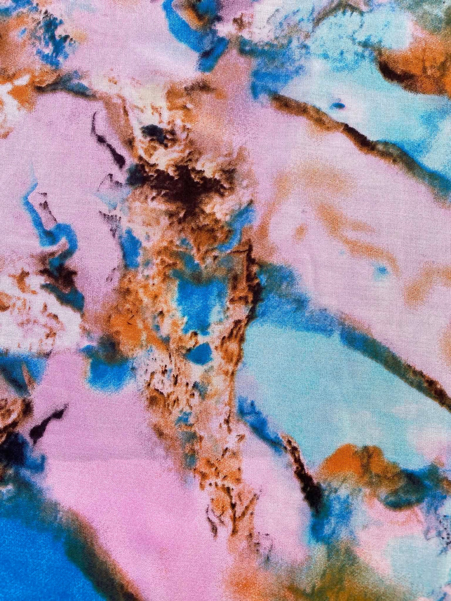 Pink & Blue Marble Geode Abstract Print Fabric - Gold Ochre Swirl Dressmaking Fabric - Extra Wide 57" By The Metre