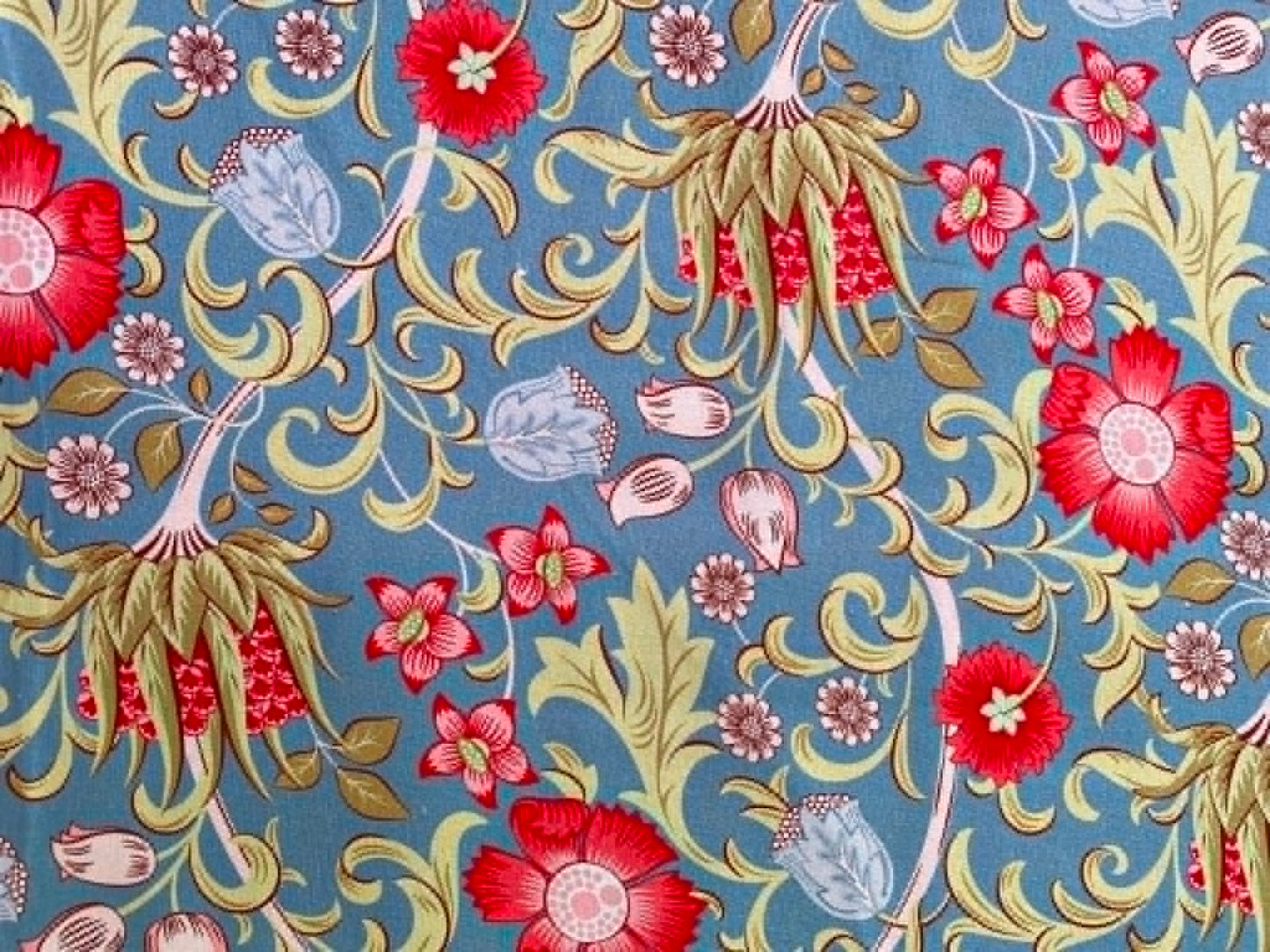 William Morris Inspired Floral 100% Cotton Fabric - Ivory, Blue & Cream Art Nouveau Botanical - 44/45" Wide By The Metre