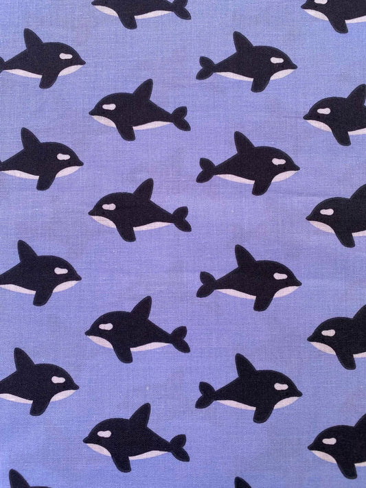 Periwinkle Blue Orca Killer Whale 100% Cotton Fabric - Marine Ocean Life - 44" Wide By The Metre