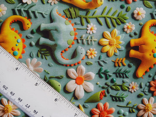 Little Johnny 100% Cotton - Dinosaurs - Green/Yellow/Orange/Pink - 60" Wide - Sold By The Metre