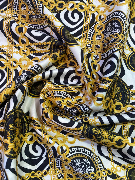 Cotton Satin - White/Gold/Black - 56"Wide - Sold By The Metre