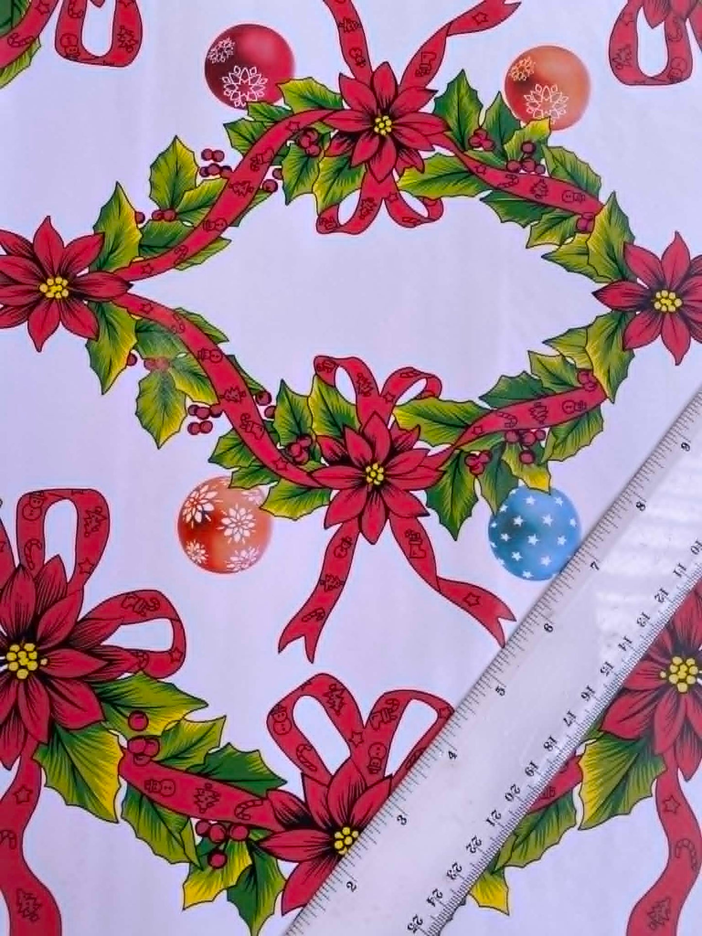 Classic Christmas Holly & Red Ribbon PU Tablecloth - Wipe Clean - 55" Wide - Festive Cream - £1.99/m
