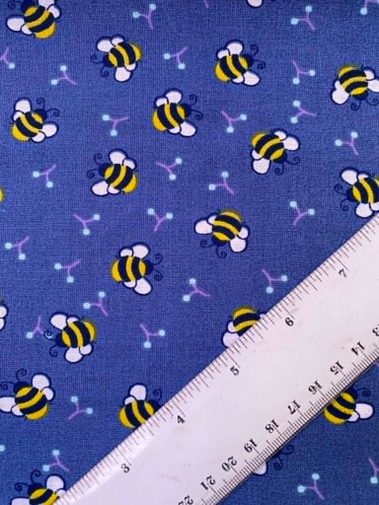 Mid-Blue Buzzy Cartoon Bumblebee 100% Cotton Fabric - 44" Wide By The Metre