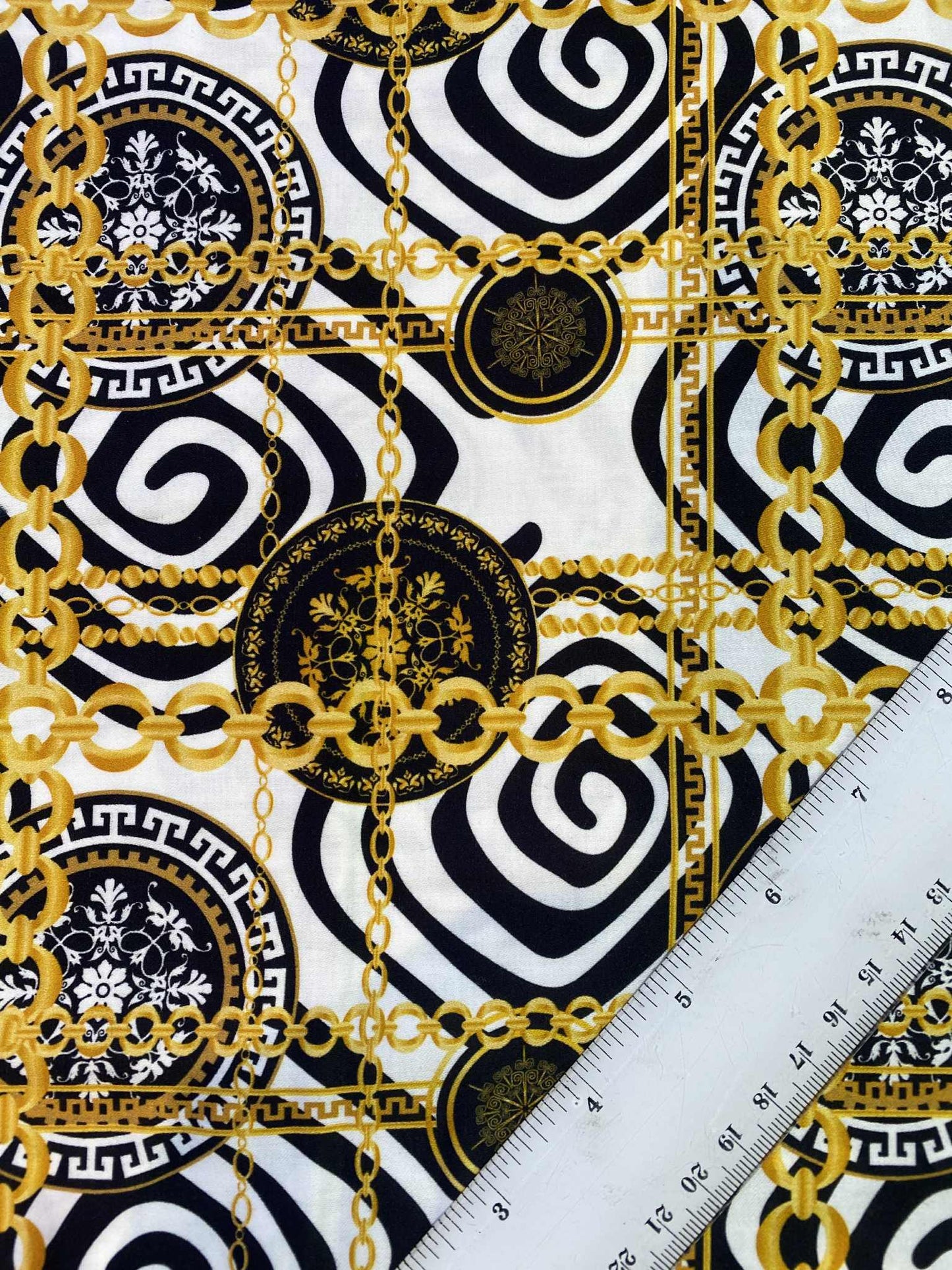 Cotton Satin - White/Gold/Black - 56"Wide - Sold By The Metre