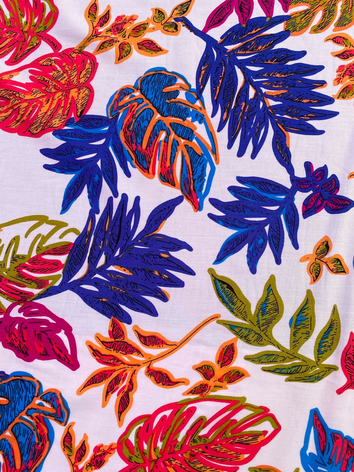Tropical Palm Leaf Print 100% Viscose Fabric - Vibrant Pink & Blue Botanical Dress Fabric - Extra Wide 57" By The Metre