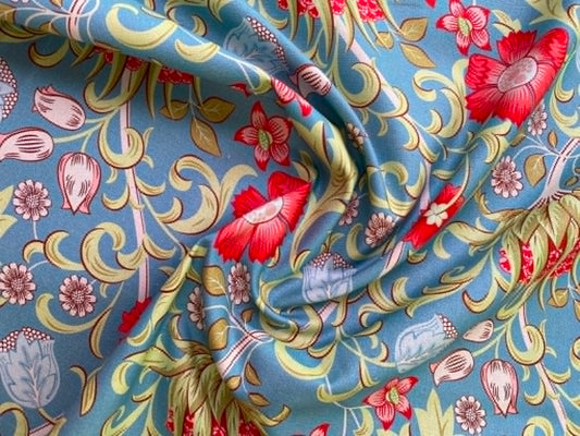 William Morris Inspired Floral 100% Cotton Fabric - Ivory, Blue & Cream Art Nouveau Botanical - 44/45" Wide By The Metre