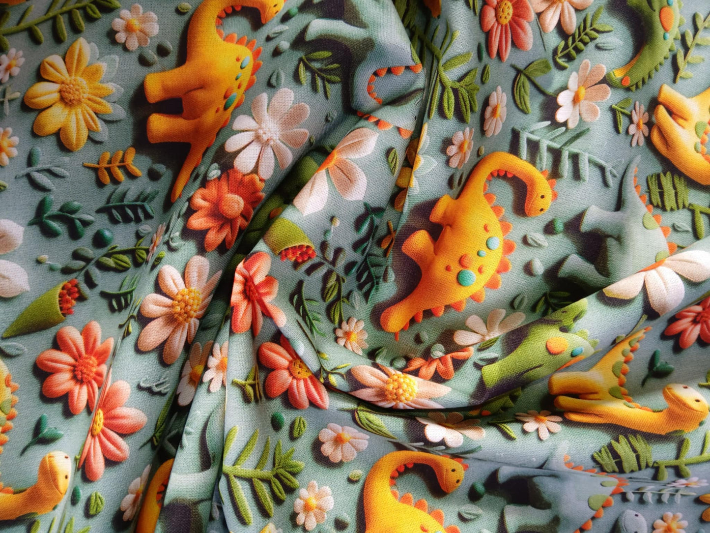Little Johnny 100% Cotton - Dinosaurs - Green/Yellow/Orange/Pink - 60" Wide - Sold By The Metre