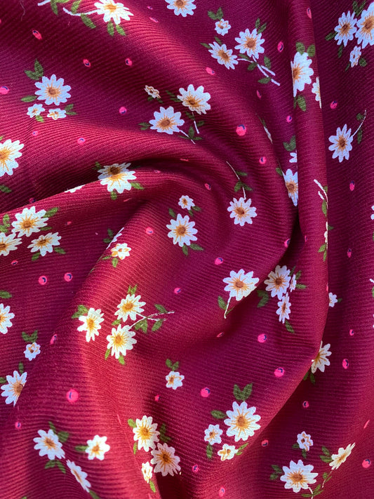 Printed Needlecord 100% Cotton - Wine/Green/White/Yellow - 44"Wide - Sold By The Metre