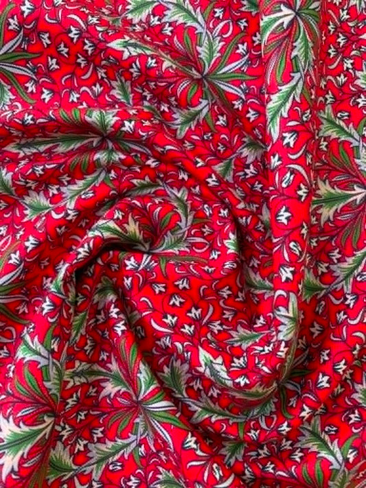 William Morris Inspired Floral 100% Cotton Fabric - Red, Green & Cream Arts & Crafts Botanical - 44/45" Wide By The Metre