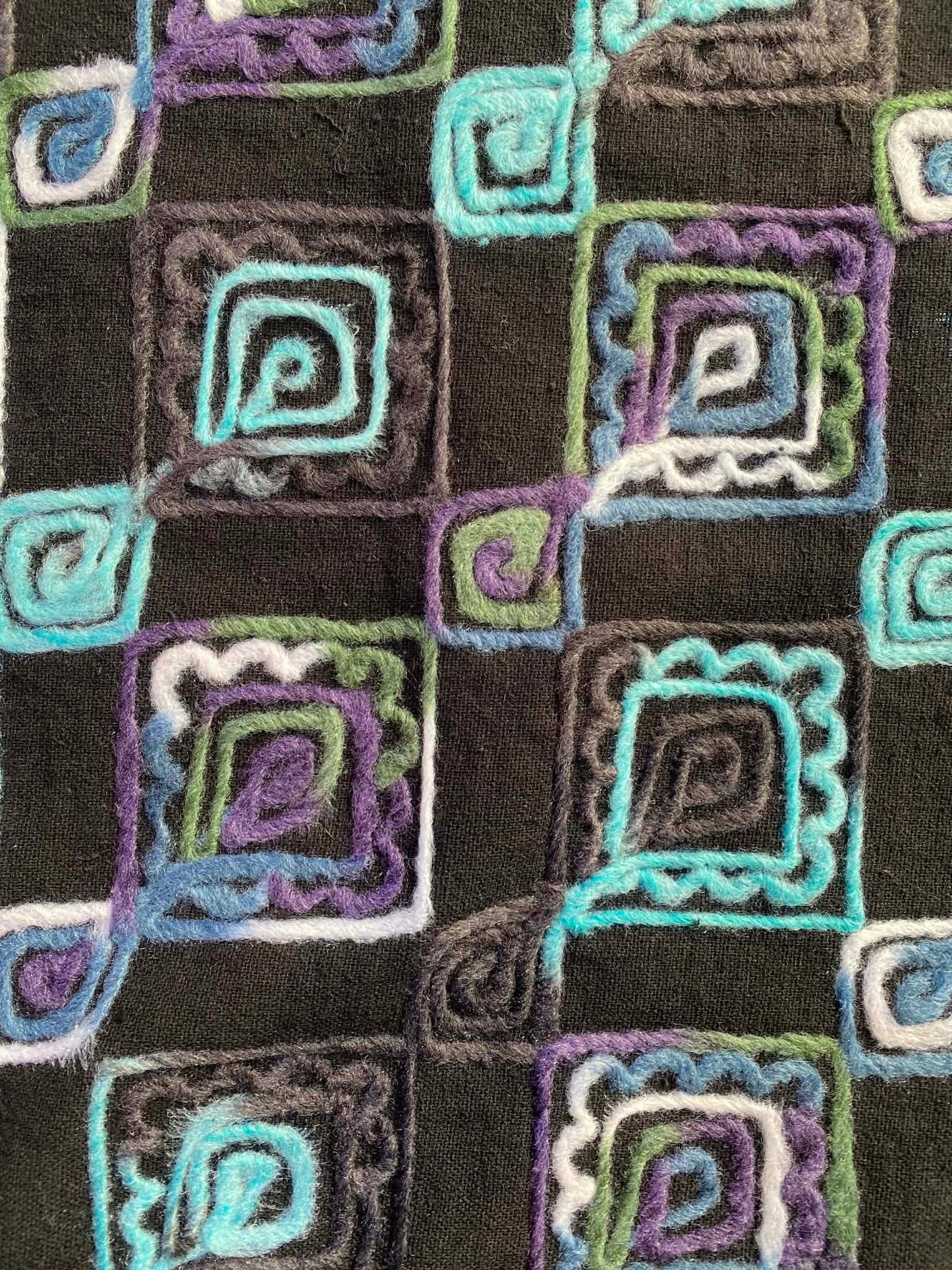 Embroidered Washable Wool - Black/Grey/Purple/Turquoise - 59"Wide - Sold By The Metre