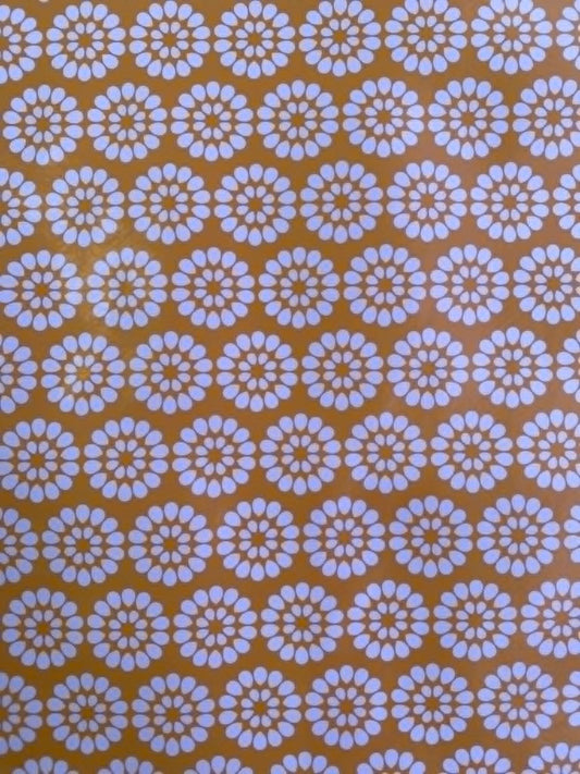 Mustard & Orange Retro Floral PU Table Covering - 55" Wide - Wipe Clean - Water Resistant - £1.99/m