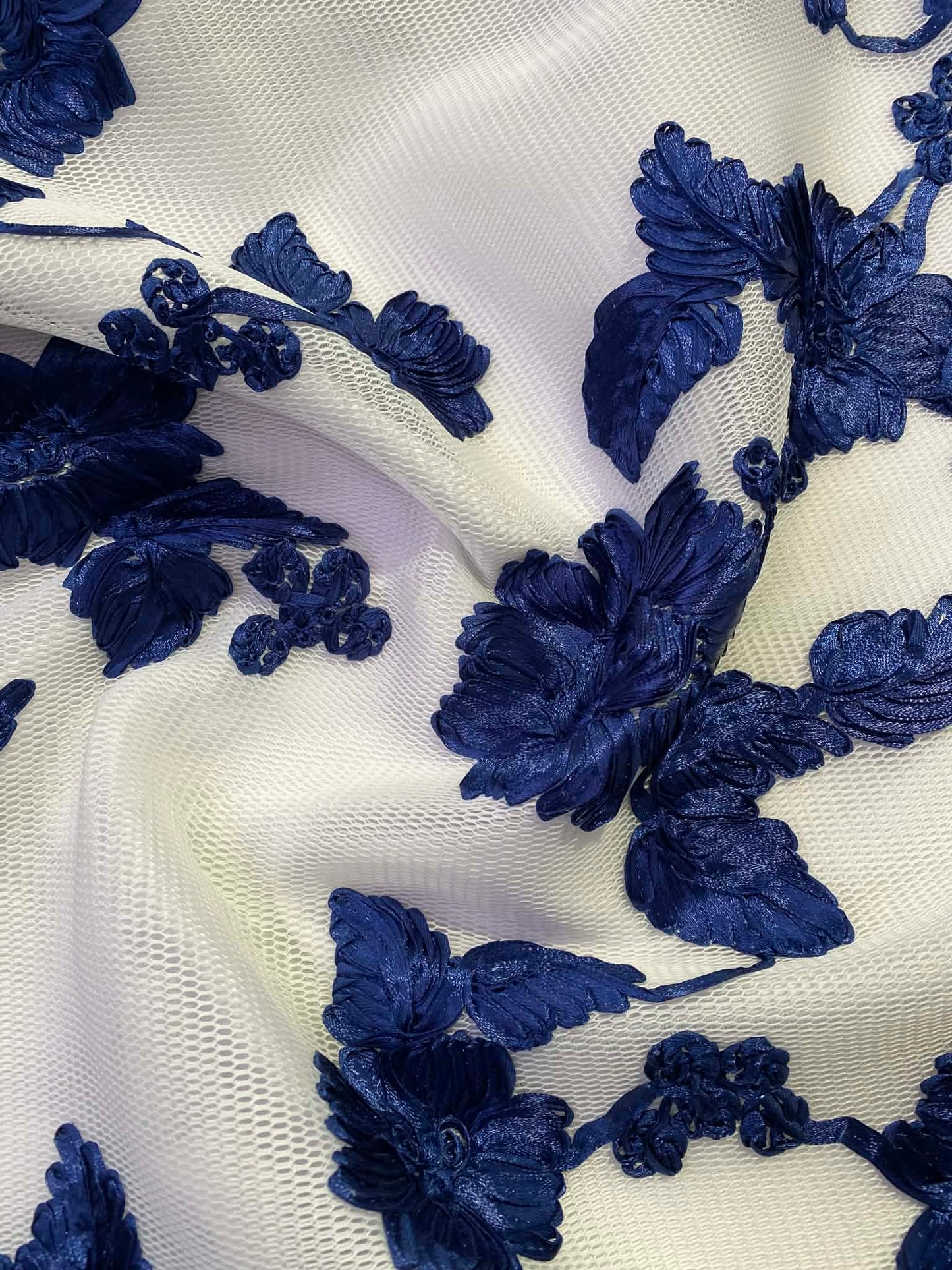 Heavy Mesh Embroidered Ribbon - Navy/White - 55"wide - Sold By The Metre