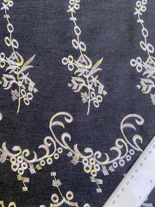 Multi-Colour Floral Embroidered Stretch Denim - 59" Wide - Double Bordered - £3.99/m