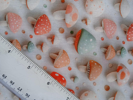 Little Johnny 100% Cotton - Mushrooms - White/Green/Beige - 60" Wide - Sold By The Metre