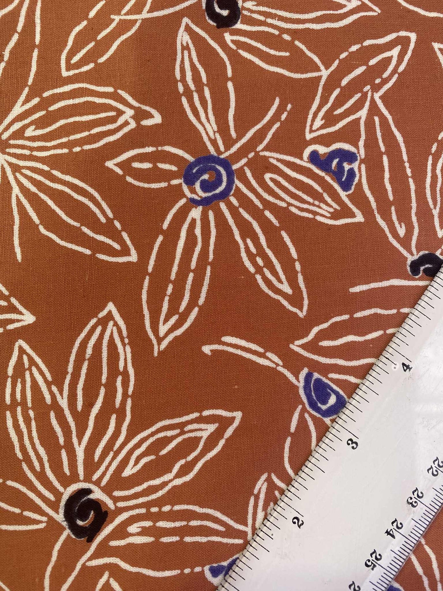 100% Cotton Print - Rust/Cream/Blue/Black - 55"Wide - Sold By The Metre