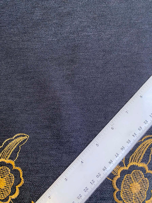 Embroidered Double Bordered Stretch Denim - 59" Wide - Black & Gold Floral - £3.99/m