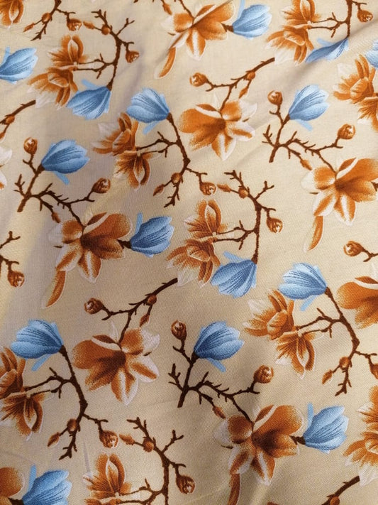 Viscose - Floral - Blue/Beige - 56" Wide - Sold By the Metre - legend textiles