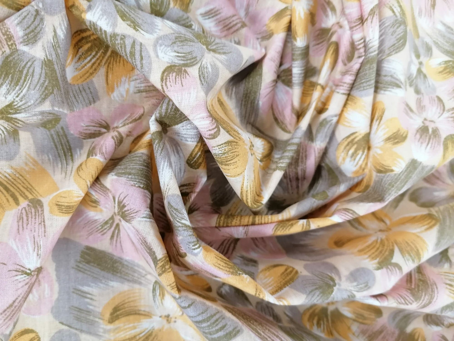 100% Vintage Cotton - Beige/Grey/Pink/Yellow - 36" Wide - Sold By the Metre