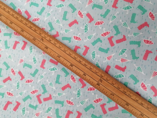 100% Cotton - Umbrella/Boots - Blue/Red/Green/White - 45" Wide - Sold By The Metre
