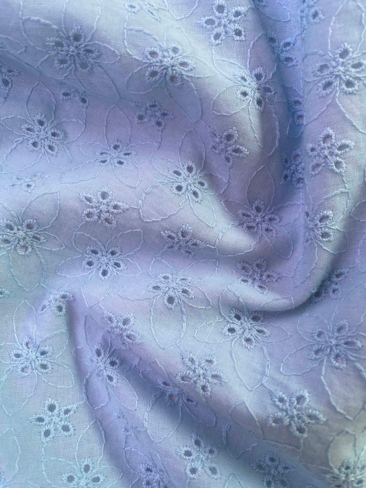 Soft Sky Blue Floral Broderie Anglaise 100% Cotton Fabric - 58" Wide By The Metre