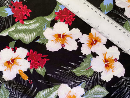 Floral Cotton Sateen Fabric - Black/White/Green/Plum - 58" Wide - Luxury Dressmaking Material - £3.99/m