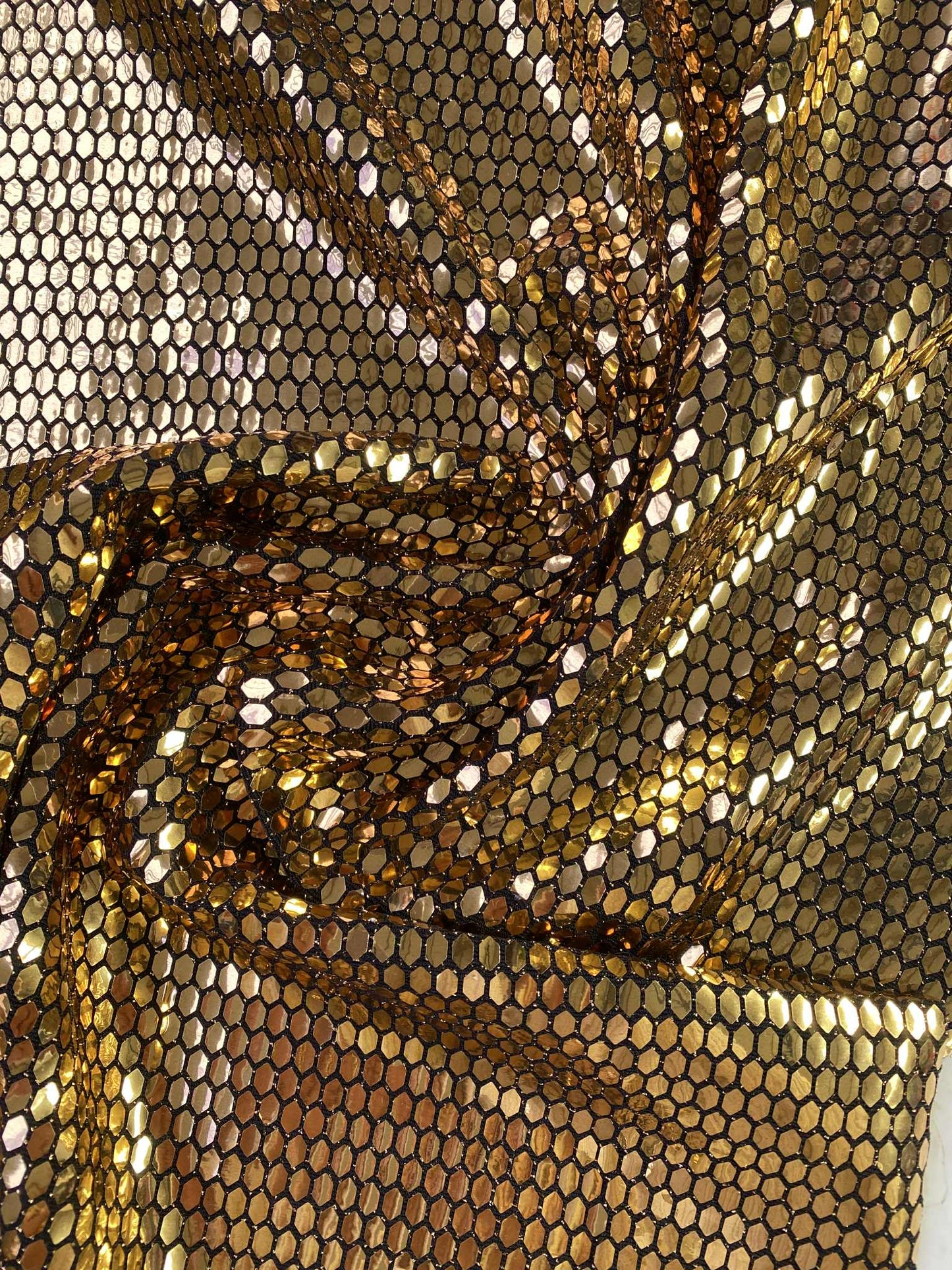 Honeycomb Slinky Lyra Sequins - Black/Gold - 60"Wide - Sold By The Metre