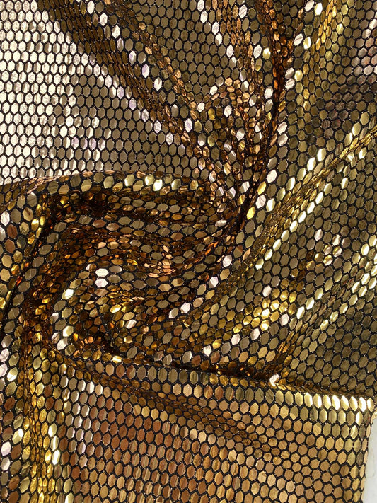 Honeycomb Slinky Lyra Sequins - Black/Gold - 60"Wide - Sold By The Metre