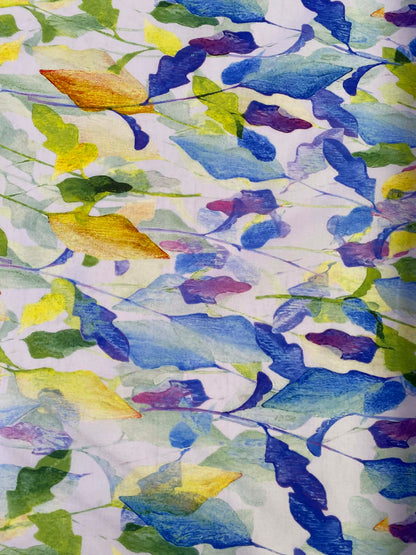Premium London Lawn 100% Cotton - 58" Wide - Abstract Watercolor Leaves - Blue, Yellow & Purple