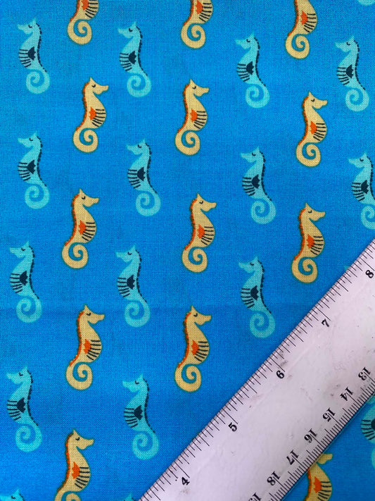 Cerulean Blue Seahorse 100% Cotton Fabric - Ocean Reef Sea Life - 44" Wide By The Metre