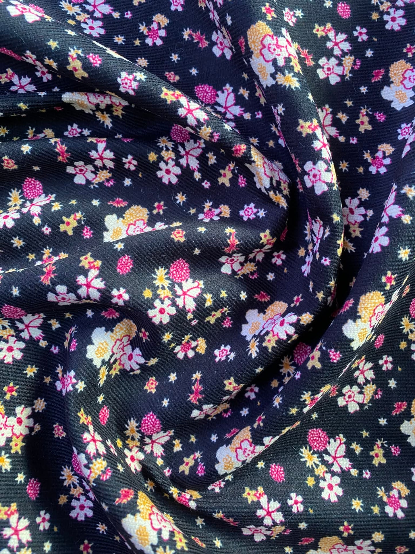 Printed Needlecord 100% Cotton - Black/Pink/Peach - 44"Wide - Sold By The Metre