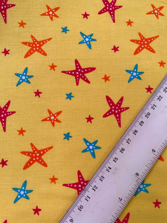Sunny Yellow Starfish 100% Cotton Fabric - Tropical Ocean Beach - 44" Wide By The Metre