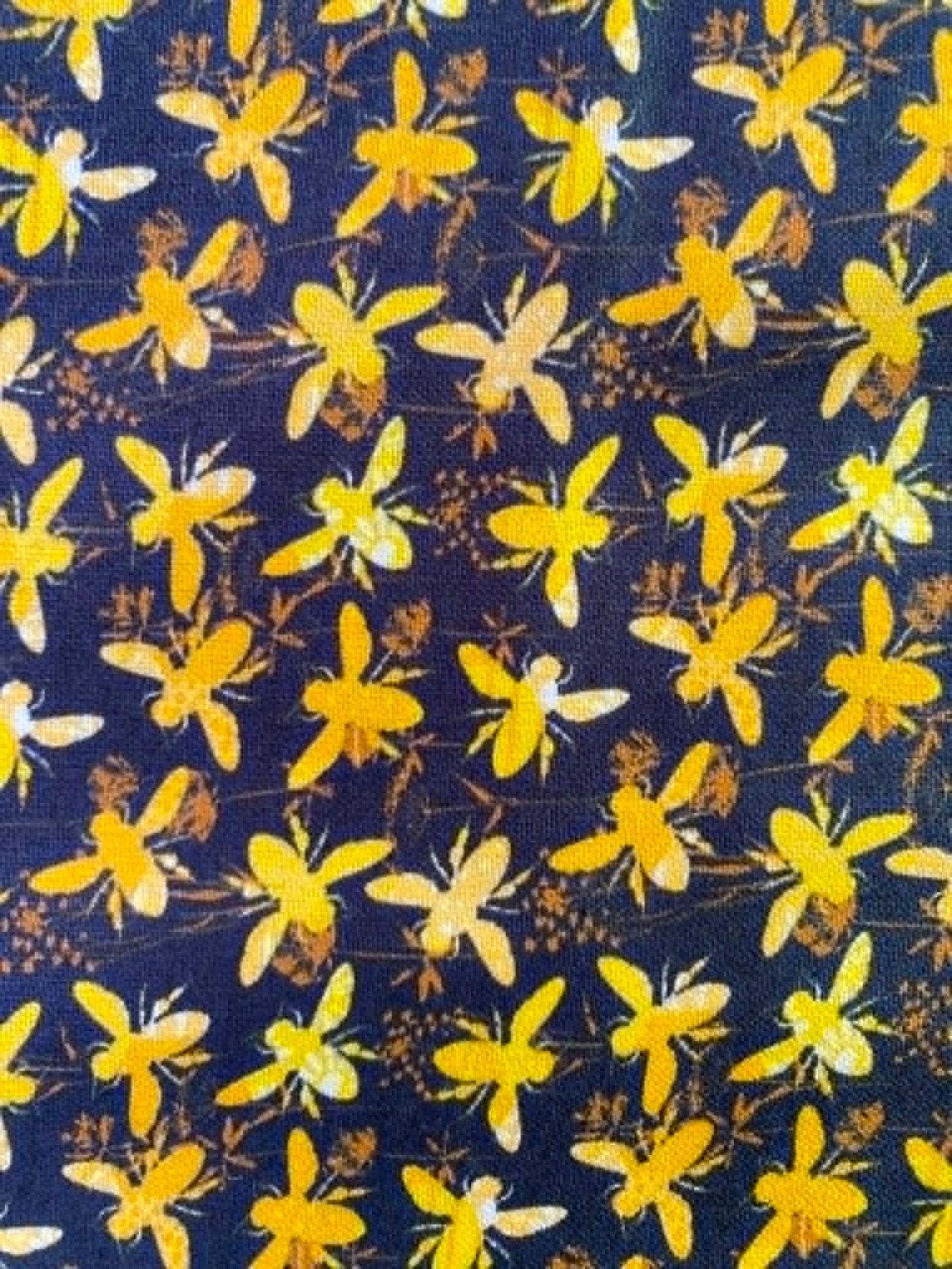 Black & Gold Artistic Bumblebee 100% Cotton Fabric - Botanical Meadow - 44" Wide By The Metre